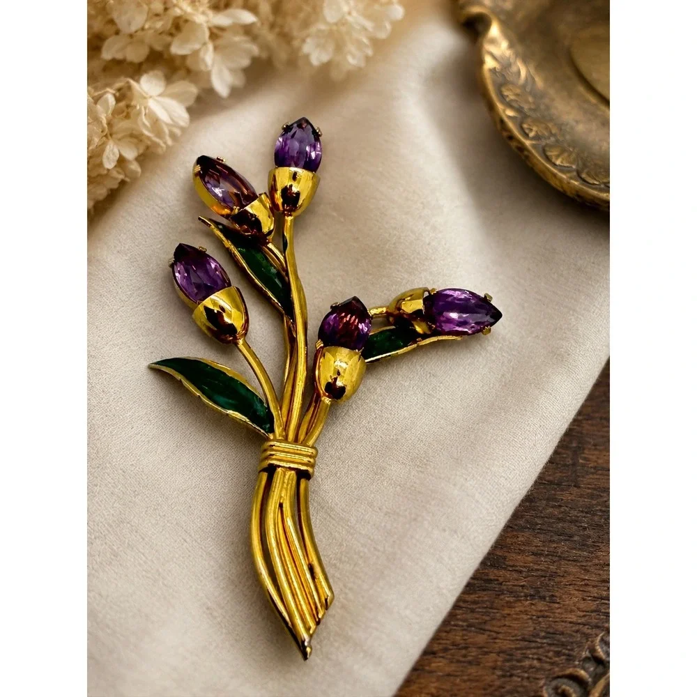 Vintage Gold Tone Purple Glass Enamel Flower Bouquet Brooch Large Statement
